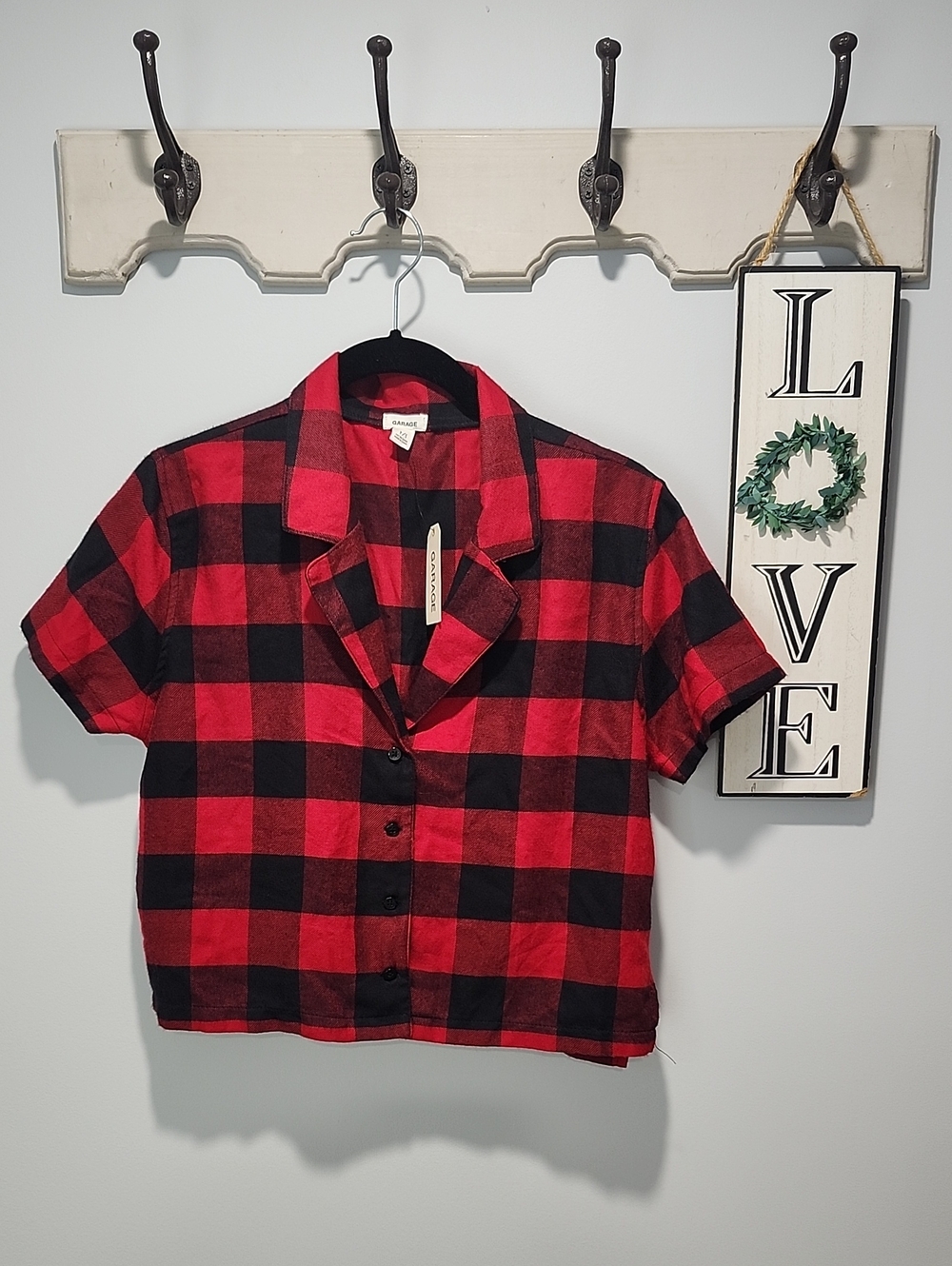 Garage Red and Black Buffalo Plaid Flannel Crop Short Top Small -NWT